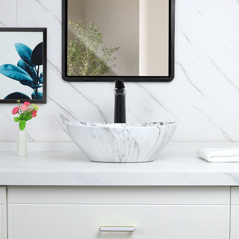 Davivy 16.3"x13.2" Nordic Marbling Oval Vessel Sink with Pop Up