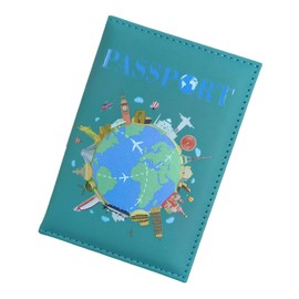 MANJIAMEI Cartoon Earth Passport Holder, Universal PU Leather Passport Cover for Women Men, 3D Building Printed Portable Travel Wallet Case Organiser for Passports Credit Cards Boarding Passes (Blue)