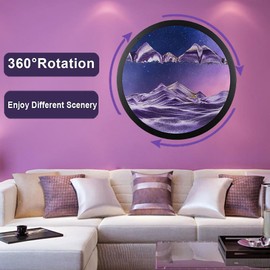 PROEATS 3D Moving Sand Wall Art, Wall Mounted Sculpture Deep Sea Sandscape Sand Art Liquid Motion, 360°Rotate Glass Crafts Solid Wood Frame, Relaxing Mood Home Office Work Decor,24in-Purple