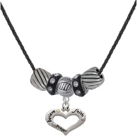 Delight Jewelry Silvertone Heart with 3 AB Crystals - Believe Faith Prayer Black Beaded Necklace, 18"+2"
