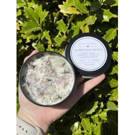 Sacred Sage Herbal Intention Crystal Candle | Ritual Altar Tool Crystal Stone Scented Soy Candle Gift Devotional Home Protection Smudge