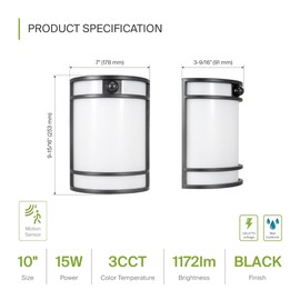 ASD 10 Inch LED Outdoor & Indoor Wall Mount Light Fixture with Motion Sensor - Black Wall Sconce Lighting - 15W 120-277V 3000K 4000K 5000K Adjustable Exterior Lights - Front Door & Patio - ETL