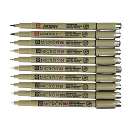 Sakura Pigma Micron 10 Fineliner pens Black Archival Ink Artist Drawing Sketch pens (003, 005, 01, 02, 03, 04, 05, 08), Graphic 1 & Brush Pen Set
