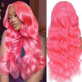 ELFSECRET 28 Inch Pink Lace Front Wig Human Hair Body Wave 13x6 HD Trsansparent Lace Front Wig Human Hair Pre Plucked 180% Density Wear and Go Colored Hot Pink Glueless Wig for Women