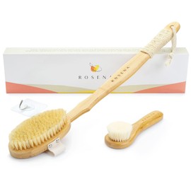 Cepillo corporal para rejuvenecer la piel – Cepillo de espalda para ducha – Estimula el drenaje linfático y minimiza la celulitis – Cerdas de jabalí 100% naturales con mango desmontable – Cepillo exfoliante