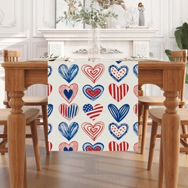 QIONG MENG 4th of July Table Runner Blue and Red Hearts Table Decoration for Home Memorial Day Independence Day Patriotic Indoor Kitchen Dining Decor 13x108 Inch