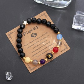 HMOOY Zodiac Sign Natural Stone Bracelet for Men Women 12 Constellation Real 8 mm Natural Stone Beads and Crystal Sky Astrology Jewellery Encouraging Motivational Gifts, Stone, No Gemstone