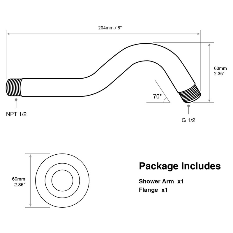 8-inch S-Shape Curved Shower Arm with Flange, Stainless Steel Top