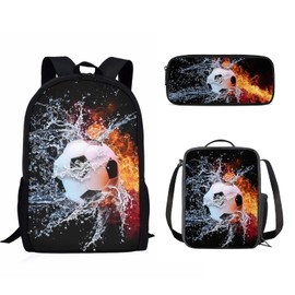 STUOARTE Water & Fire Soccer Ball Print School Bags American Flag Backpack with Lunch Bag and Pencil Bag for Students 3 Piece Kids Bookbag Combo Set for Boys Girls
