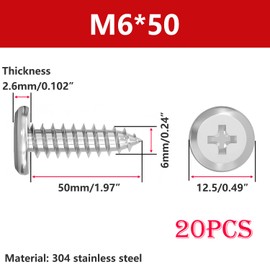 Qrity 20pcs Self Tapping Screws, 304 Stainless Steel Phillips Flat Head Screws, M6 x 50mm, Silver
