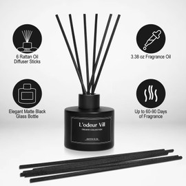 L'odeur Vill Reed Diffuser, 3.4oz(100ml) Jasmine & Lily Reed Diffuser Set with 6 Oil Diffuser Sticks, Matte Black Aroma Scent Diffuser, Long Lasting Home Fragrance for Bathroom and Bathroom