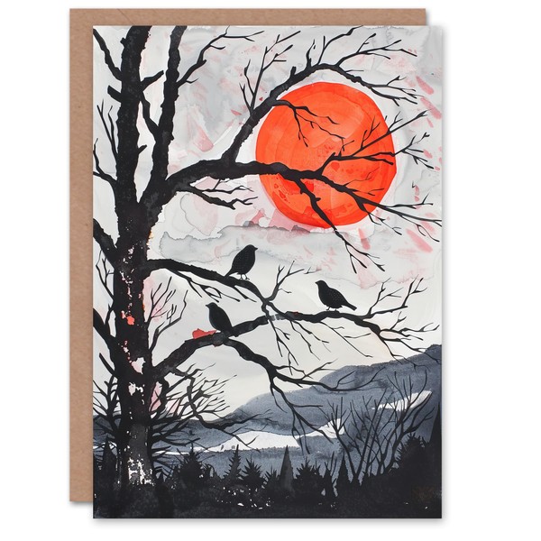 Artery8 Greeting Card Red Winter Sun and Birds on Forest