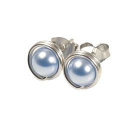 Sterling Silver Light Blue Pearl Stud Earrings Wire Wrapped Handmade