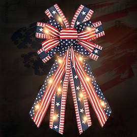 ABTOLS Large LED Patriotic Wreath Bows for Front Door, Labor Day Red Blue White Stars and Stripes Bows for Wreath American Flag Star Bows for Indoor Outdoor Labor Day Party Door Wall Fence Decor