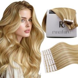 RUNATURE Remy Human Hair Tape in Extensions Golden Blonde Mix Light Blonde Tape in Extensions Real Human Hair Double Sided Straight Tape in Remy Hair Extensions Short Tape in Hair 14 Inch 50g 20pcs