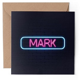 1 x Greeting Card - Neon Sign Design Mark Name - Blank Birthday Celebration Anniversary #352267