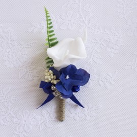 Abbie Home White Calla Lily and Rose Cascading Bride Bouquet Waterfall Wedding Flower - Lily Rhinestone Jewelry Brooches and Satin Ribbon Décor (Royal Blue Boutonniere)