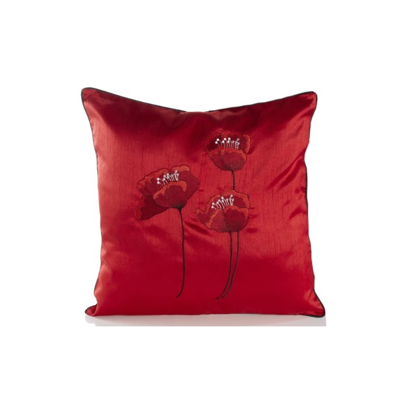 Poppies Red & Black Piped Faux Silk 18" Cushion Cover