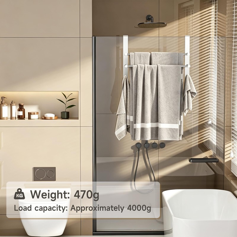 Frameless Glass Door Shower Towel Rack, Double Bar, 8 Hooks,
