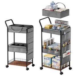 BBLIKE 3-Tier Diaper Caddy Organizer - Rolling Utility Baby Cart with Basket and Side Pockets for Nursery and Baby Essentials, Multi-Function Cart for Bedroom and Bathroom