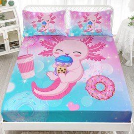 HOSIMA Axolotl Fitted Sheet Cute Animal Bedding Set Toddler Room Decor for Girls Dessert Milk Tea Donut Bed Fitted Sheet Fantasy Blue Purple Twin Bed in A Bag Sets for Adults Teens.