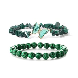 COLORFUL BLING 2Pcs Natural Irregular Chip Stones Butterfly Bracelet Set Gemstone Healing Chakra Crystal Bracelet Reiki Yoga Bead Stretch Bracelet Jewelry Mediation Gifts-green
