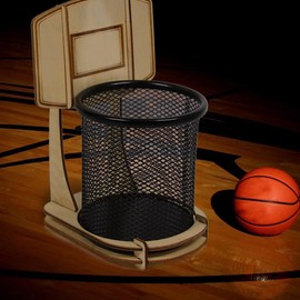 Toyvian Basketball Pen Holder Wooden: Basketball Frame Shape Pen Organizer with Basketball Hoop Pattern for Office - Creative Stationery DIY Pen Stand Wooden Craft - 4.36 X 4.60 X 6.88 Inches