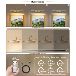 JOOSENLUX Wireless Picture Light with Remote Control - 15.75" Inch Brass Dimmable Art Light, Timer - Battery Operated - for Pictures, Display, Artwork, Gallery Wall