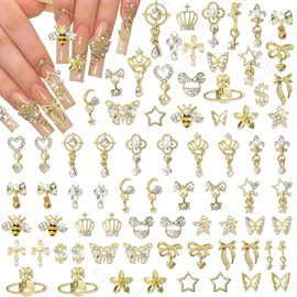 50 Pcs Gold Nail Charms, Gold Dangle Star Heart Bows Nail Charms and Gems Metal Bees Butterfly Crown Planet Cross Dollar Sign Golden Nails Art Supplies for Women DIY Accessories