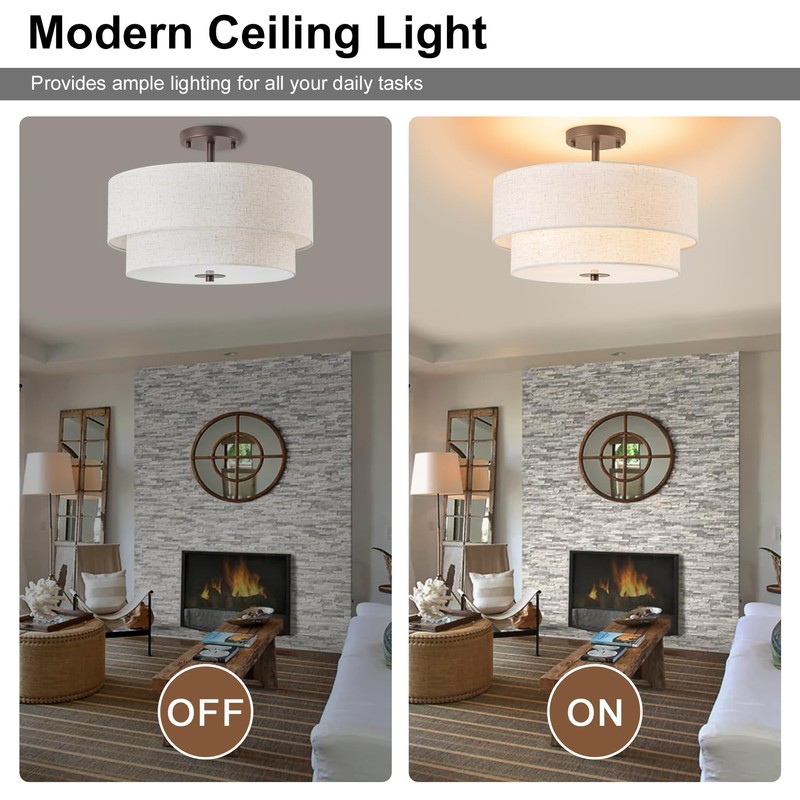 Bargeni 16" Semi Flush Mount Ceiling Light, 3-Light Drum Ceiling