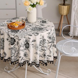 F-CHU Floral Round Tablecloth 60 Inch Cotton Linen Table Cloth with Tassels for Restaurant, Picnic, Indoor and Table Cover Home Decoration, Floral（Black
