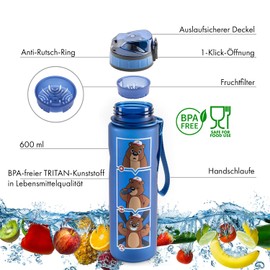 Monte Stivo® Friends Drinking Bottle for Children, 600 ml, Motivational Drinking Scale, BPA-Free, Leak-Proof, Suitable for Carbonated Drinks, Gift for School and Leisure, blue