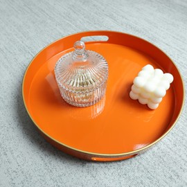 Spsyrine Round Orange Decorative Tray, 13" Plastic Serving Table Tray with Handles for Breakfast, Round Modern Ottoman Tray for Coffee Table, Bathroom, Kitchen, Living Room