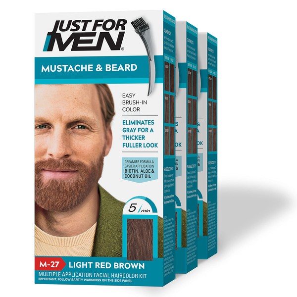 Just for Men Just for Men Just for Men Mustache and Barba, Colorante para barba para cabello gris con cepillo incluido – Color: marrón claro, M-27, paquete de 3