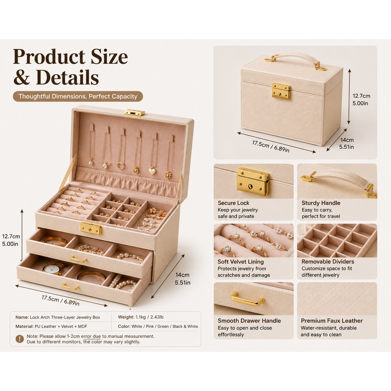 White Leather Jewelry Storage Box with Three Layers and Removable