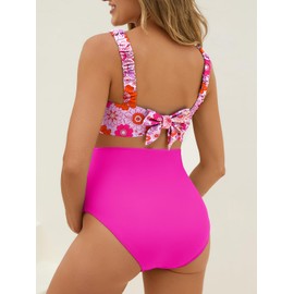 Summer Mae Ribbed Maternity Bikini Swimsuit for Women High Waisted Two-Piece Bathing Suit Crop Top Pregnancy Swimwear Pink Floral 12