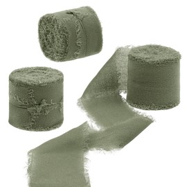 Uiopa 3 Rolls Chiffon Ribbon, Olive Green, 4 cm x 15 m, Gift Ribbon, Wedding, Fringe Ribbon, Decorative Ribbon, Fabric Ribbon for Gift, Crafts, Bridal Bouquet, Table Decoration, DIY Crafts