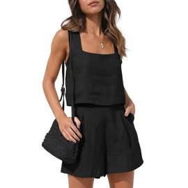 2 Piezas para Mujer Conjunto de Chándal Casual de Lino，Material de lino，Ocio traje de verano de playa (Negro, XXL)
