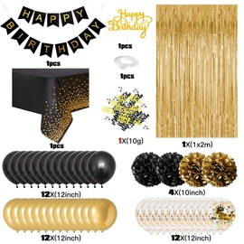 Birthday Decorations for Men Women, Black and Gold Party Decorations, Happy Birthday Banner with Black Gold Balloons Tablecloth Pom Poms Confetti Foil Fringe Curtains, Men Golden Birthday Party Decor