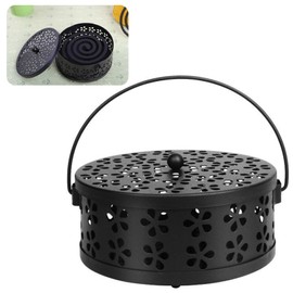 Metal Incense Holder, Portable Incense Burner with Lid and Handle, Mosquito Coil Holder for Summer Home Garden, Incense Coil Holder for Indoor Outdoor(Black)
