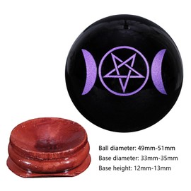 KYEYGWO Natural Black Obsidian Crystal Ball with Wooden Stand Pentagram Triple Moon Feng Shui Round Sphere Figurine for Home Office Decor, Purple