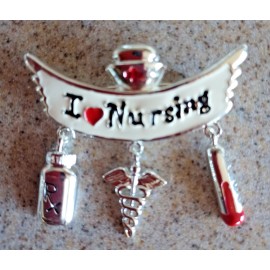 Fashion Jewelry I LOVE NURSING Pin with 3 dangling Charms Silver tone-RN Nurse Grad Caregiver