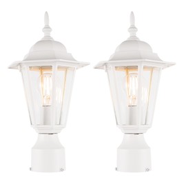 GRUENLICH Outdoor Post Lighting Fixture Pole Lantern, E26 Medium Base Max 60W, Aluminum Housing Plus Glass, Bulb Not Included, White Finish, 2 Pack