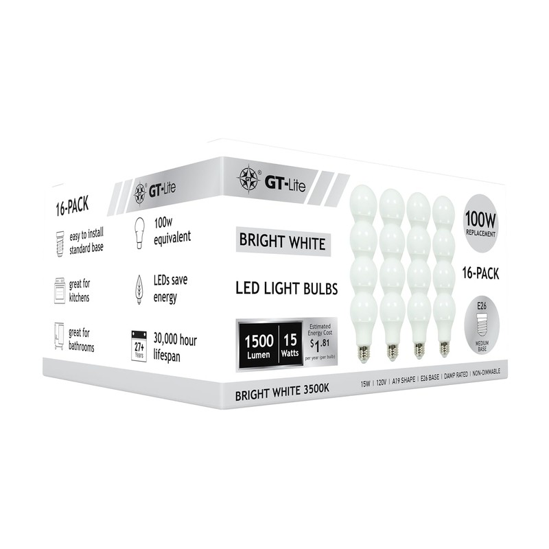 GT-Lite 16 Pack LED Light Bulbs,100 Watt Equivalent,15 Watt 3500K