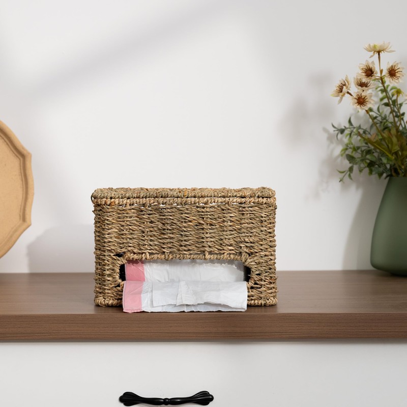 StorageWorks Trash Bag Holder with Lid, Wall Mount Seagrass Plastic