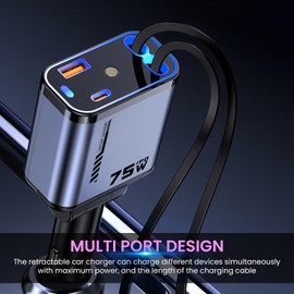 4 in 1 Einziehbares Auto Ladegerät Adapter,75W Einziehbares Zigarettenanzünder, Schnelles Autoladegerät ZigarettenanzüNder, 180° Verstellbar