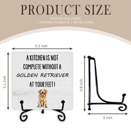 SkipTiger Funny Kitchen Wood Signs - Golden Retriever Gifts For Women,A Kitchen Is Not Complete Without A Golden Retriever At Your Feet Wooden Plaque With Stand 5x5,Funny Kitchen Shelf Decor