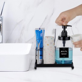 Mouthwash Dispenser with Toothbrush Holder,Mouth Wash Pump Bottle with Stainless Steel Cup Holder,24 OZ Refillable Clear Mouthwash Container with 21Pcs Paper Cups