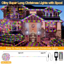 Ollny String Lights 600LED 197FT, Multicolor Fairy Lights IP67 Waterproof with Remote 8 Modes Timer Dimmable, Plug in Christmas Lights for Outdoor Indoor House Yard Holiday Decorations
