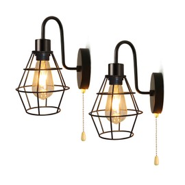 DTIEDY Wire Cage Wall Sconce with Pull Chain 2pack, Hardwire Wall Lights with On Off Switch, Metal Wall Mount Light Fixture Indoor E26 Vintage Black Wall Lighting for Living Room, Bedroom
